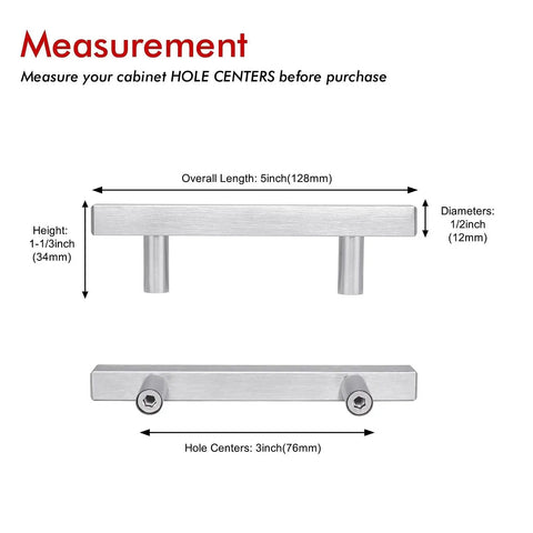 10 Pack Brushed Nickel Cabinet Pulls 3 Inch Hole Centers, 6 Inch Total Length, 1.34 Inch Height Stainless Steel Handles shown with measurements for cabinets and drawers, Rust Resistant, Elegant Square Design