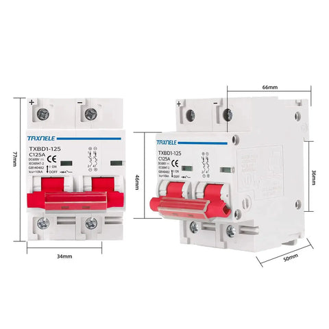 Two Pole 125A 600V DC Miniature Circuit Breaker For Solar PV Setups, DIN Rail Mount Battery Disconnect Switch, shown front and side