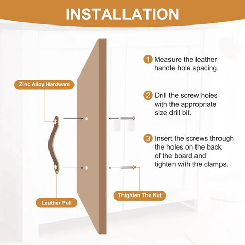 Installation guide for Leather Drawer Pulls 4 Pack White Microfiber Leather Dresser Knobs With Double Hole Mounting and screws.