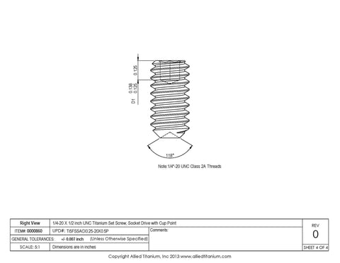 Technical drawing of Premium Titanium Set Screw 1/4-20 UNC 1/2 Inch Socket Drive With Cup Point Grade 5 Ti 6Al 4V Pack Of 10