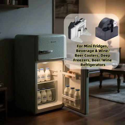 4.7 Ohm 1 Pin PTC Compressor Start Relay Overload Kit Replacement for Mini Fridges and Compact Refrigerators displayed near fridge