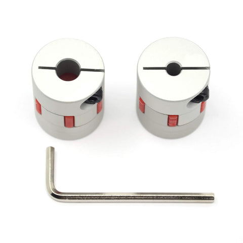 Two silver aluminum 5x8mm shaft couplings with red set screws and L-shaped hex key