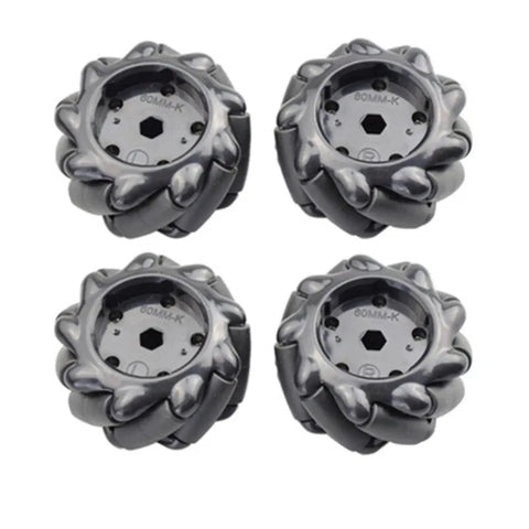 Four 97mm omni-directional Mecanum wheels for AGV robots with metal couplings, part of DIY robot car chassis kit by Swaytail Premium.