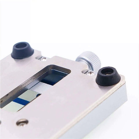 Close-up of Pro Grade Multifunctional Phone Repair Jig Clamp Fixture With Fixed Rotary Holder showing adjustable metal frame and knobs.