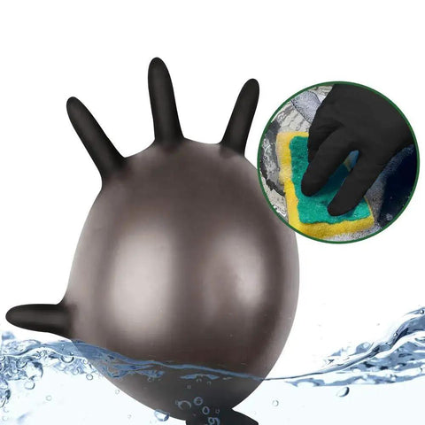 Black Nitrile Latex Free Gloves Pack 100 Textured Fingertips For Food Handling shown inflated with cleaning use inset