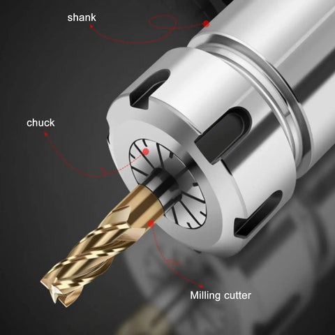 Close-up of Spring Collet Chuck For CNC Engraving And Milling Lathe Tools With Tight Clamp holding milling cutter, showing shank and chuck details.