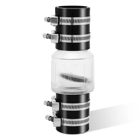 Clear PVC sump pump check valve with Buna-N couplings and stainless clamps, 1-1/2 inch