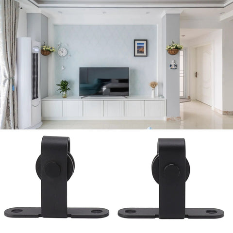 Living room with TV and Quiet ABS Sliding Barn Door Hardware Kit For Double Doors With Bypass Track Flat Rail Low Ceiling Ready