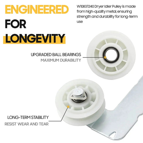 Upgraded Dryer Idler Pulley With Enhanced Ball Bearings For Whirlpool And Kenmore Dryers Exact Fit Replacement Replaces 279640 W10118756 W10547290 PS11726337 3387372 3388674 W10118754, visible metal and plastic components, engineered for durability and longevity.