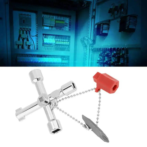 Ten Piece 5 In 1 Cross Key Set With Heavy Duty Zinc Alloy Build for control cabinets and panels, shown with electrical background.