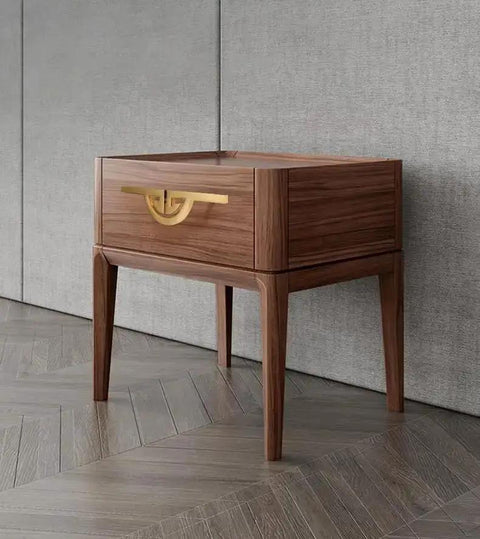 Top Notch Vintage Brass Cabinet Pulls Set Semi Circular Gold Dresser Handles installed on wooden bedside cabinet