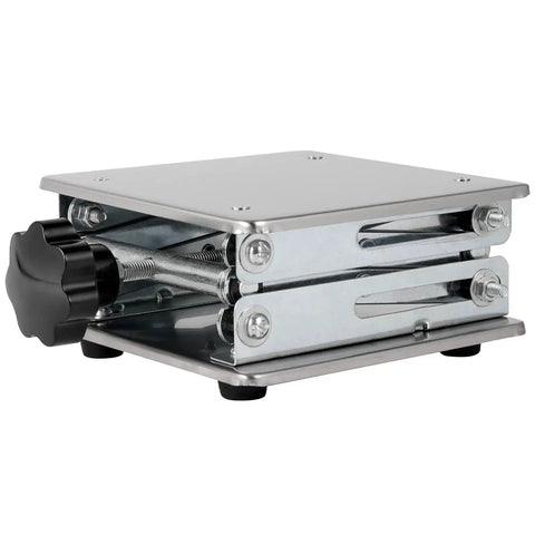 Side view of 2 Pack 8x8 Inch Lab Scissor Jack Stainless Steel Lift Stand Platform 270mm with adjustable height knob.