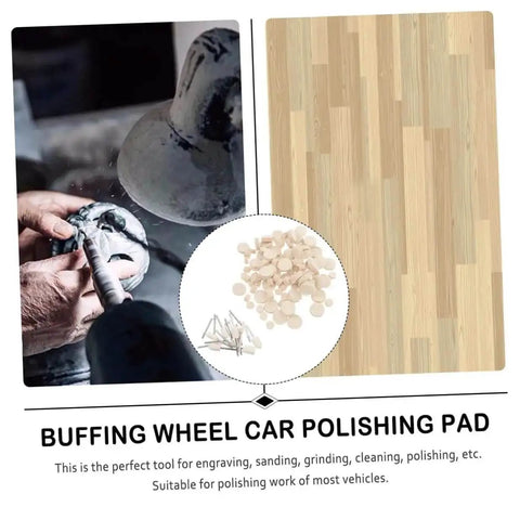 Hands using drill with buffing wheel next to variety of polishing pads, showcasing 120 Pcs Wool Polishing Wheels Set With Mandrel And Shank For Rotary And Electric Drills Pro Grade Buffing Kit For Metal And Car Detailing Perfect For Tight Spots And Fine Finishing.
