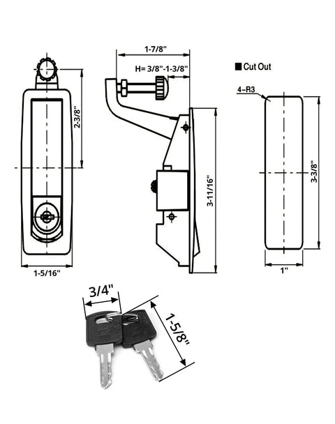 Technical drawing of large hand operated compression latch with push button actuation for marine use, showing dimensions.