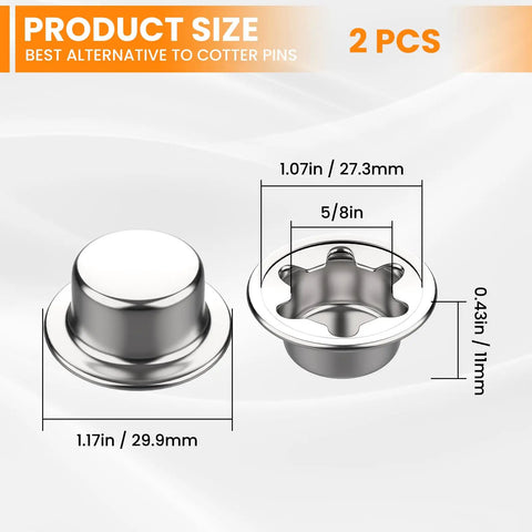 2 Piece Spring Steel Push On Pushnut Cap Stud Five Eighth Inch Axle Fastener With Zinc Finish For Rolling Bins Lawn Wagons And Hand Trucks A Tough Cotter Pin Replacement, showing size dimensions.