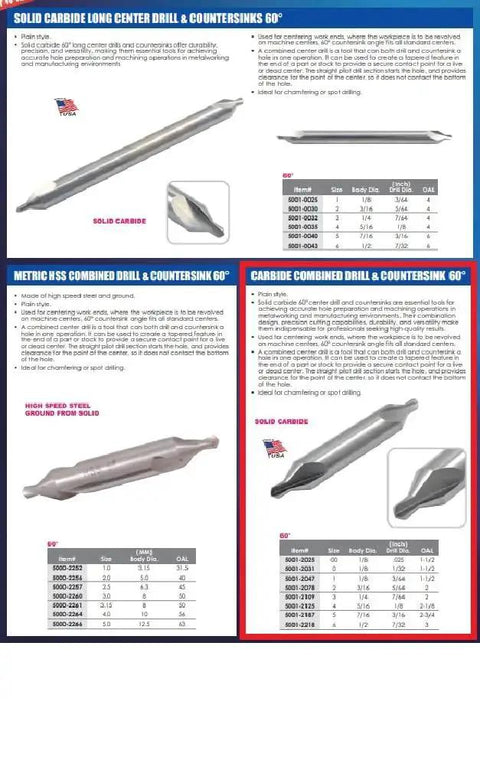 USA Made No 2 By 2 Carbide Combined Drill And Countersink Bit for one pass center drilling and chamfering display