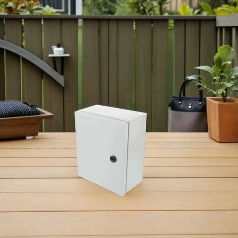 Outdoor Metal Electrical Enclosure Box Weatherproof Junction Box With Safety Lock UV Resistant on wooden table