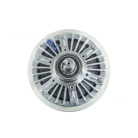 24V DC magnetic powder brake rotor assembly; silver metal with central shaft and mounting flange