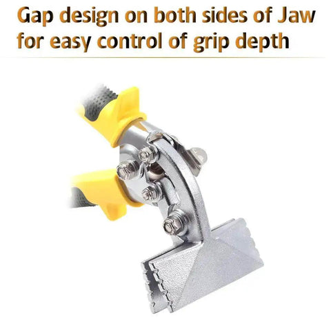 Close-up view of a 3 Inch Curved Jaw Hand Seamer for sheet metal with black and yellow offset bender tool pliers.