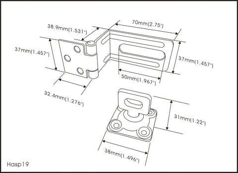 Technical drawing of 90 Degree Hasp And Swivel Staple For Sliding Doors Steel Black 4-1/2 Inch with dimensions in millimeters.