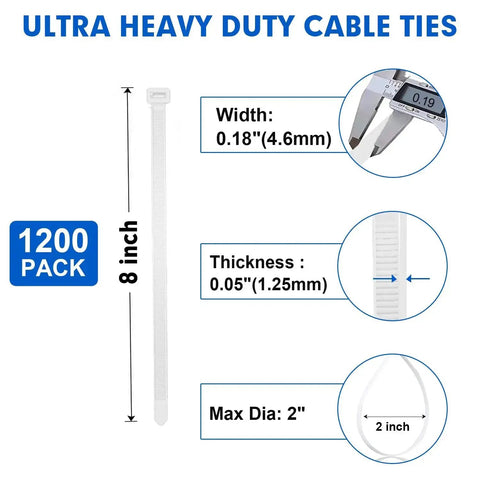 Heavy Duty 8 Inch Nylon Cable Ties, 1200 Pack, Self Locking White Plastic Wire Ties With 50Lb Tensile Strength, product details shown