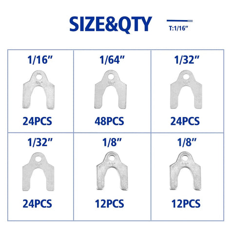 Image of Auto Alignment Body Shims Kit with 144 pieces in four sizes: 1/64, 1/32, 1/16, 1/8 inch, zinc plated steel.