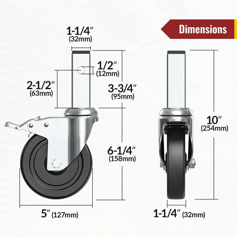 Dimensions diagram for 5 Inch Scaffolding Caster Wheels Set Of Four With Dual Locking Swivel Casters And One And A Quarter Inch Square Stem