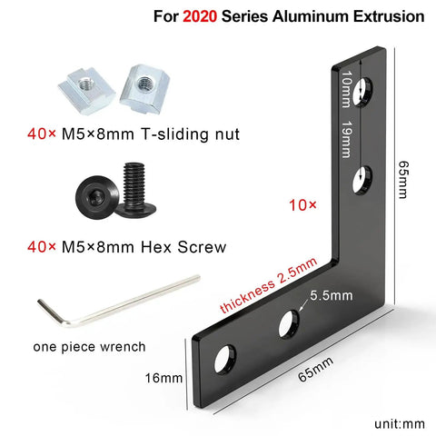 10 Sets Black L Connector Brackets With 40 M5 T Slot Nuts And 40 M5x8mm Hex Socket Cap Screws For 6mm Slot 2020 Aluminum Profile