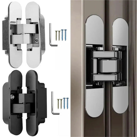 Three Dimensional Invisible Door Hinges For Wooden Doors And Aluminum Frame Doors Hidden Folding Doors 180 Degree Inside And Outside Open Black Finish Zinc Alloy Die Cast And 304 Stainless Steel Construction