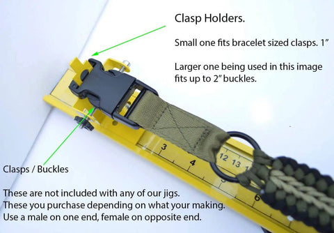 Adjustable Paracord Jig 2 To 47 Inches with clasp holders and belt clasp, yellow aluminum tool with measuring scale