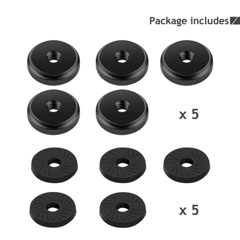 Image of Quarter Inch Female Thumb Nuts With Rubber Pads, Five Pack Thumb Wheel Lock Nut Adapters, Anti Slip Rubber Washers, rust-resistant aluminum alloy, with 1/4-inch screw hole for attaching the camera to a tripod.