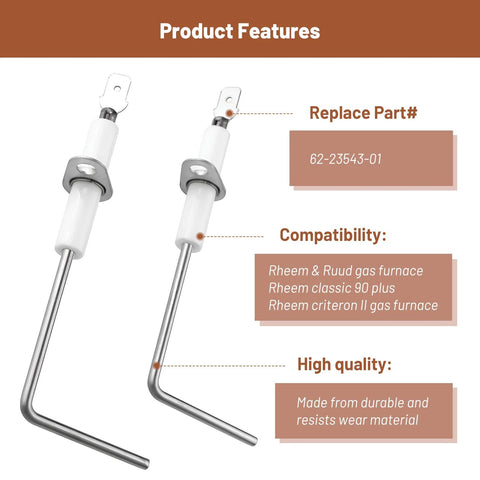 Flame sensor 2-pack for Rheem and Ruud gas furnaces; white ceramic body with metal sensing rods.