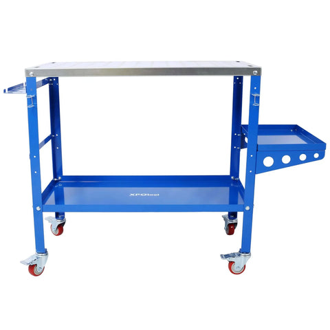 36x18 Inch Heavy Duty Welding Workbench On Wheels With 1200 Pound Load Capacity, Portable Steel Table in blue with tool tray