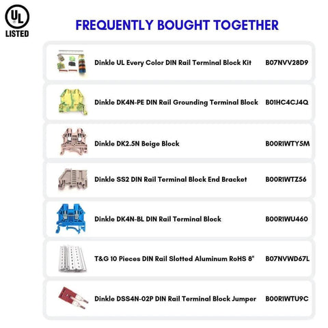 Frequently bought together list featuring various DIN rail terminal block kits and components.