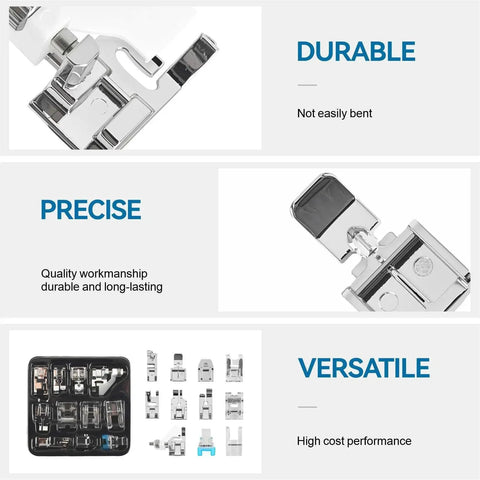 Qeykizy 11-piece sewing machine presser feet kit in a case; snap-on chrome feet for low-shank machines, including rolled hem and invisible zipper feet