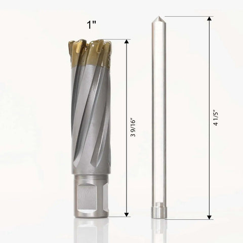 Carbide Tipped Annular Cutter 1 Inch Diameter 2 Inch Depth With Weldon Shank For Magnetic Drill Presses Pro Grade Heavy Duty Mag Drill Bit For Hard Materials Like Stainless Steel Cast Iron And More CT 500 showcasing its dimensions with a separate pilot pin.