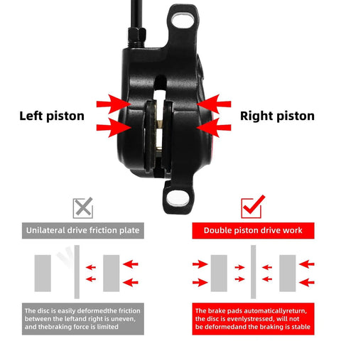 Front view of black MTB hydraulic disc brake caliper with dual pistons and aluminum alloy body.