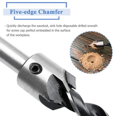 Close-up of 7 Piece HSS Countersink Drill Bit Set For Woodworking And Diy Pros, with 3mm to 10mm high speed steel bits.
