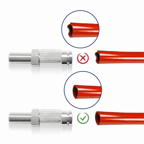 Image showing Inflation Schrader Valve With Push To Connect For One Quarter Inch OD Air Line Tubing And Air Spring Suspension On Semi Truck Trailer Tractor 2 Pack Heavy Duty Brass Fittings For Manual Inflation And Air Ride Components with tubing connections.