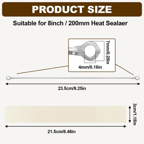 Size diagram for 8 Inch Impulse Sealer Replacement Parts Kit with dimensions for heat strips and Teflon tape.