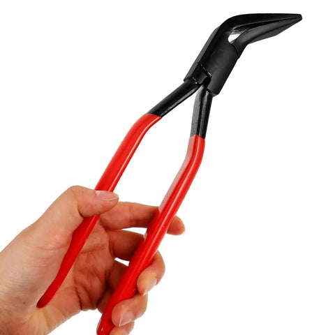 Person holding Pro Grade Manual Sheet Metal Bender Pliers with carbon steel, 45-degree bend, 140mm tool for roofing and DIY projects.