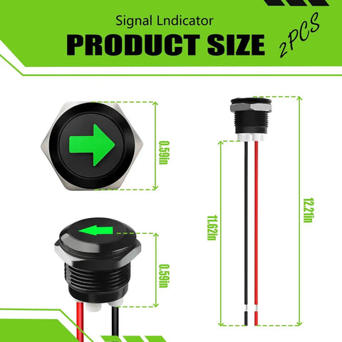 12V LED Turn Signal Indicators size chart with green arrow, waterproof design, 2-pack, car and boat use, high brightness, durable