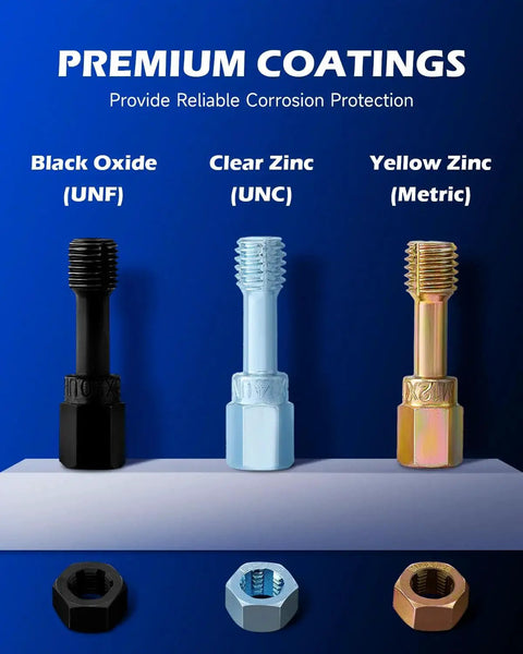 Three threaded bolts with premium coatings: Black Oxide (UNF), Clear Zinc (UNC), Yellow Zinc (Metric), providing corrosion protection.