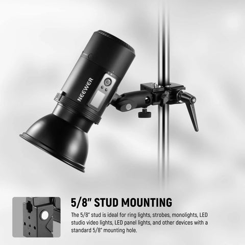 Neeweer black 5/8-inch stud mounting clamp attached to a stand for camera and lighting setup; heavy-duty jaw