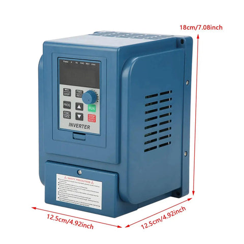 Variable Frequency Drive 380V 3A Speed Controller For 3 Phase 0.75kW Motor, blue VFD front view with measurements