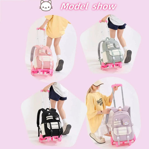 Model holding Cat Print Rolling Backpack For Girls And Kids With Wheels Trolley Roller Bookbag School Bag Wheeled Bag In Pink