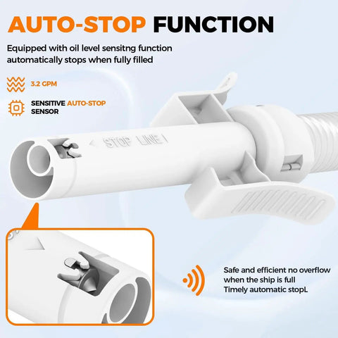 Close-up of Portable Fuel Transfer Pump With Auto Stop Sensor Prevents Spills 3.2 GPM Automatic Fuel Transfer Kit nozzle