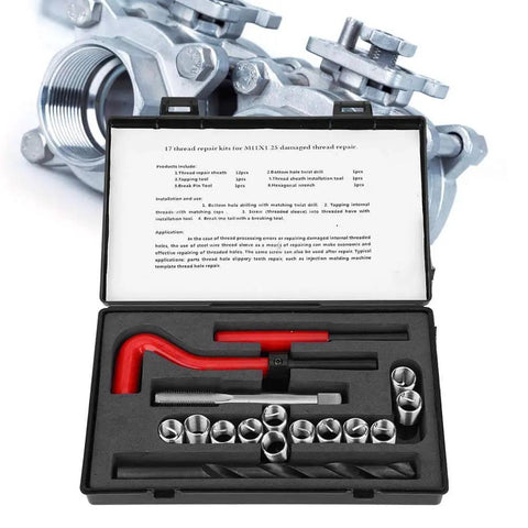 Thread Repair Kit 17Pcs M11 X 1.25 Helicoil Internal Thread Repair Kit for Aluminum and Metal with case and tool components visible
