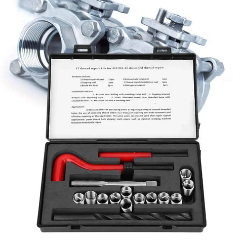 Thread Repair Kit M11x1.25 Metric Female Thread Repair Tool Set with spiral drill, tap wrench, and 12 inserts in case