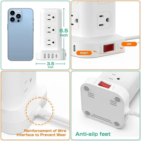 Tower Surge Protector Power Strip With 12 Outlets 4 USB Ports Including USB C 6.5 Foot Extension Cord 16 In 1 Charging Station 1200 Joules Surge Protection Built In Circuit Breaker Your Desk Ready Workhorse Charging Hub with dimensions and features like anti-slip feet and reinforced wire interface.